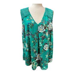 Daniel Rainn V-Neck Crochet Detail Blouse~Size 2X~Green Floral~ NWT~L6 07